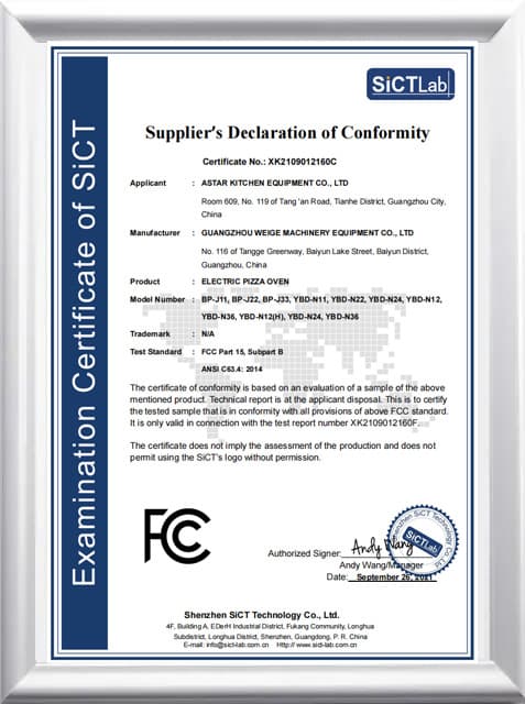 FCC Part 15 — Supplier’s Declaration of Conformity — Electric pizza ovens, Astar Kitchen Equipment Co., Ltd. (applicant) · Guangzhou Weige Machinery Equipment Co., Ltd. (manufacturer)