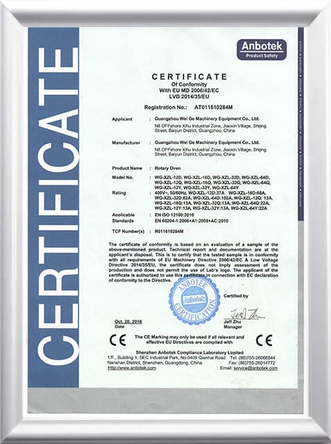 CE — Machinery & Low Voltage Directives — Rotary ovens, Guangzhou Wei Ge Machinery Equipment Co., Ltd.