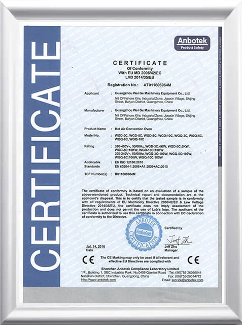 CE — Machinery & Low Voltage Directives — Hot-air convection ovens, Guangzhou Wei Ge Machinery Equipment Co., Ltd.