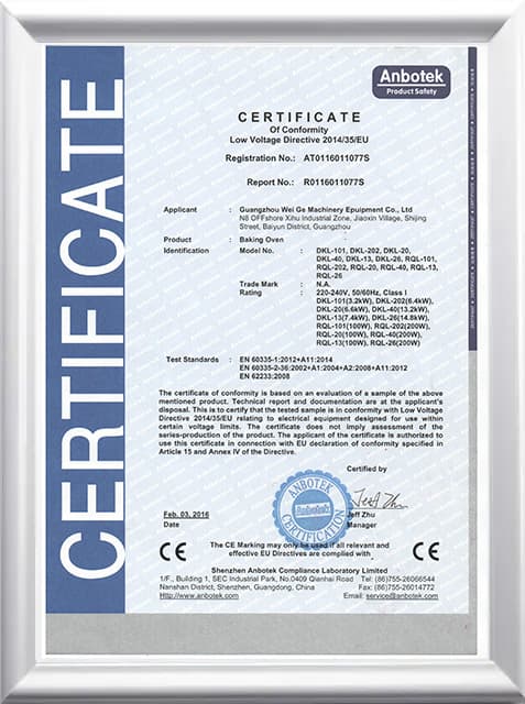 CE — Low Voltage Directive 2014/35/EU — Baking (deck) ovens, Guangzhou Wei Ge Machinery Equipment Co., Ltd.