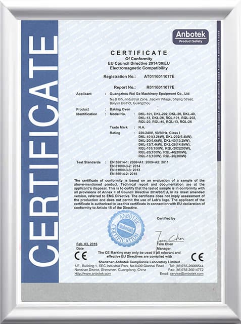 CE — EMC Directive 2014/30/EU — Baking (deck) ovens, Guangzhou Wei Ge Machinery Equipment Co., Ltd.