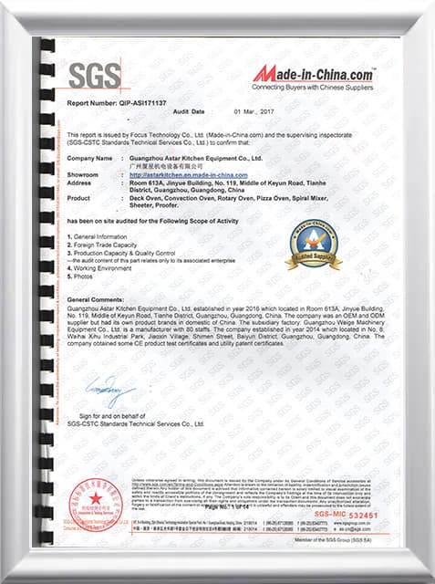 SGS Audited Supplier Report — Deck, convection, rotary and pizza ovens, spiral mixers, sheeters and proofers, Guangzhou Astar Kitchen Equipment Co., Ltd.