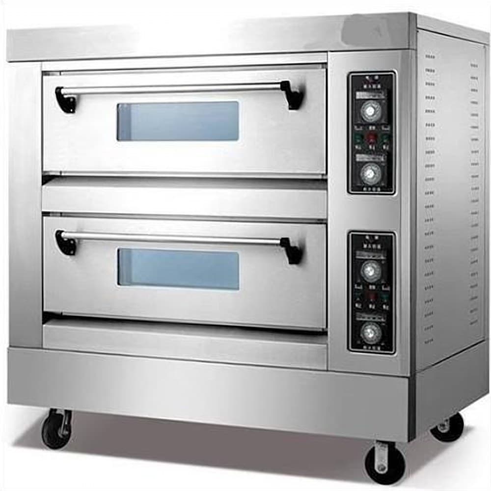Stainless steel double-deck commercial oven with separate control panels and caster wheels